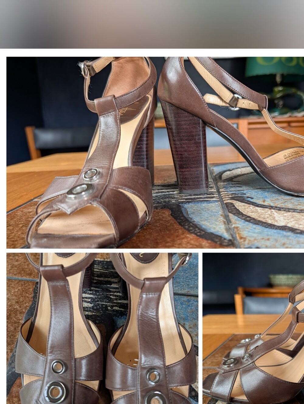 COLE HAAN Air Brown Leather Open Toe T Strap Rivet Heels Pumps Sz 7.5 M Y2K VTG